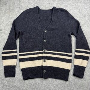 Vintage 60s Shaggy Mohair Blend Striped Cardigan Sweater – Navy & Cream – Small